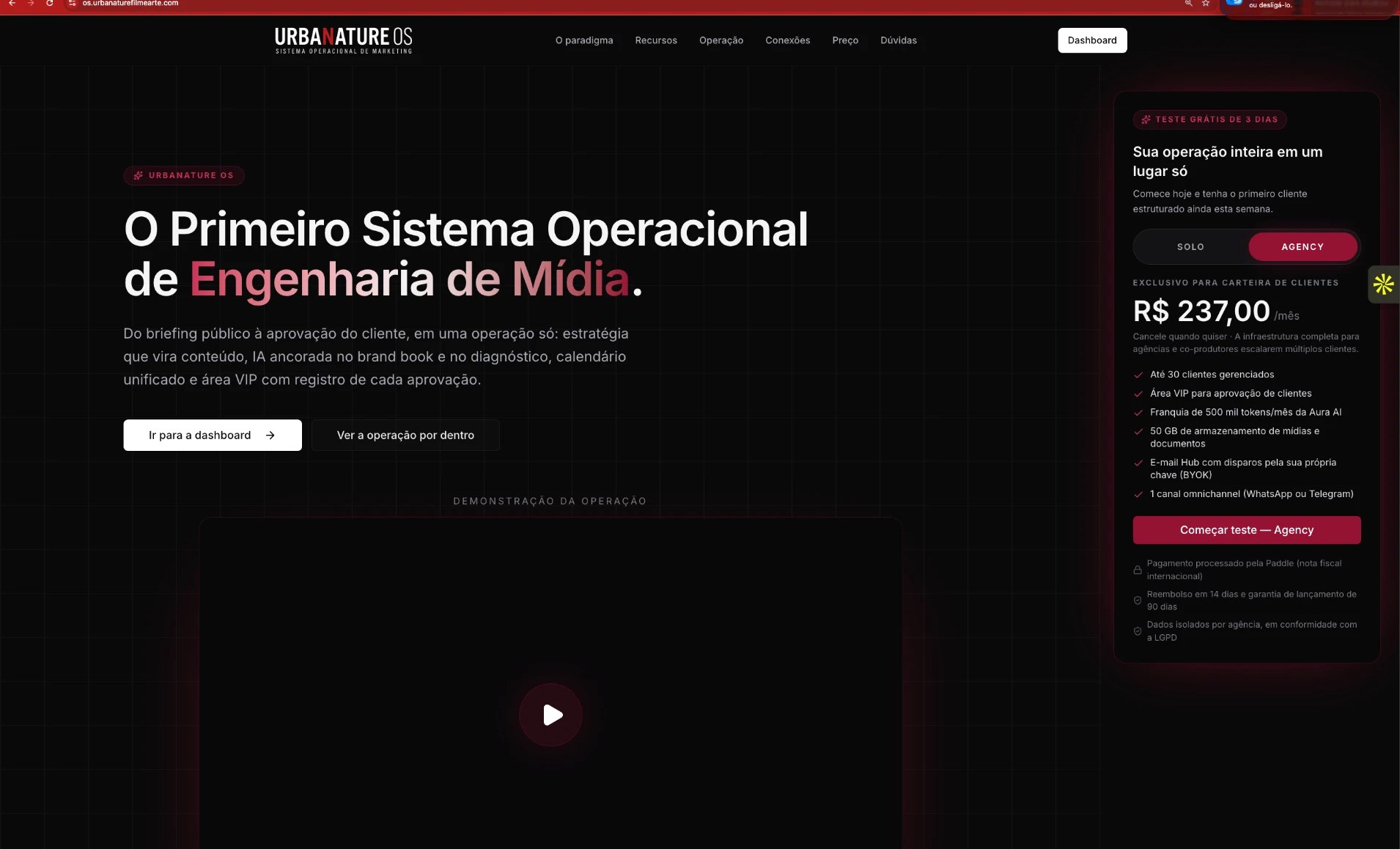 Página real do Urbanature OS — sistema operacional de marketing