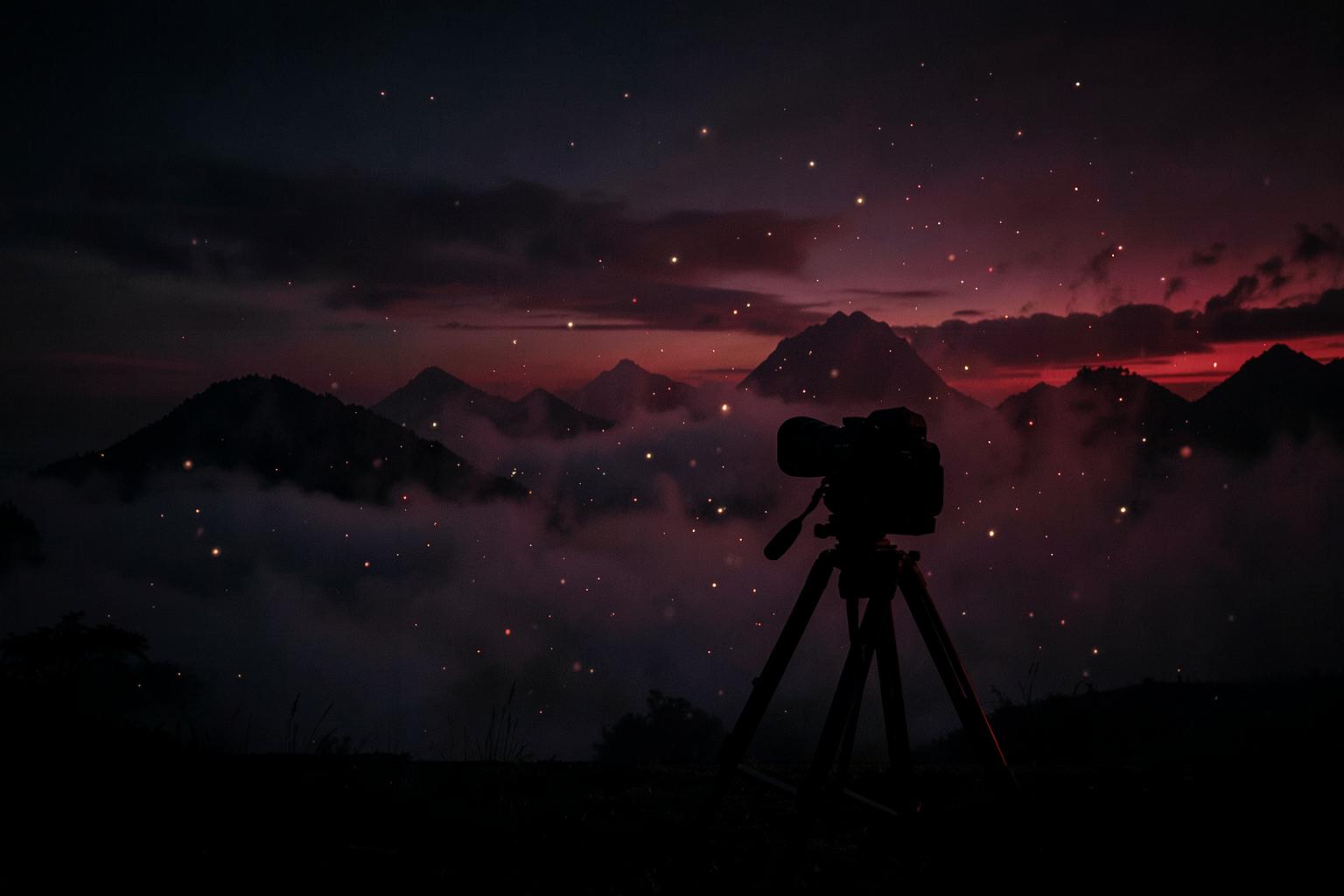 Câmera de cinema em tripé diante de paisagem surreal ao entardecer